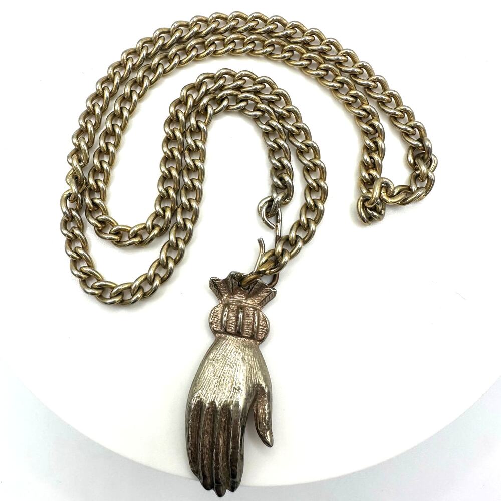 Vintage Victorian Revival gold tone hand pendant 17" curb link chain necklace